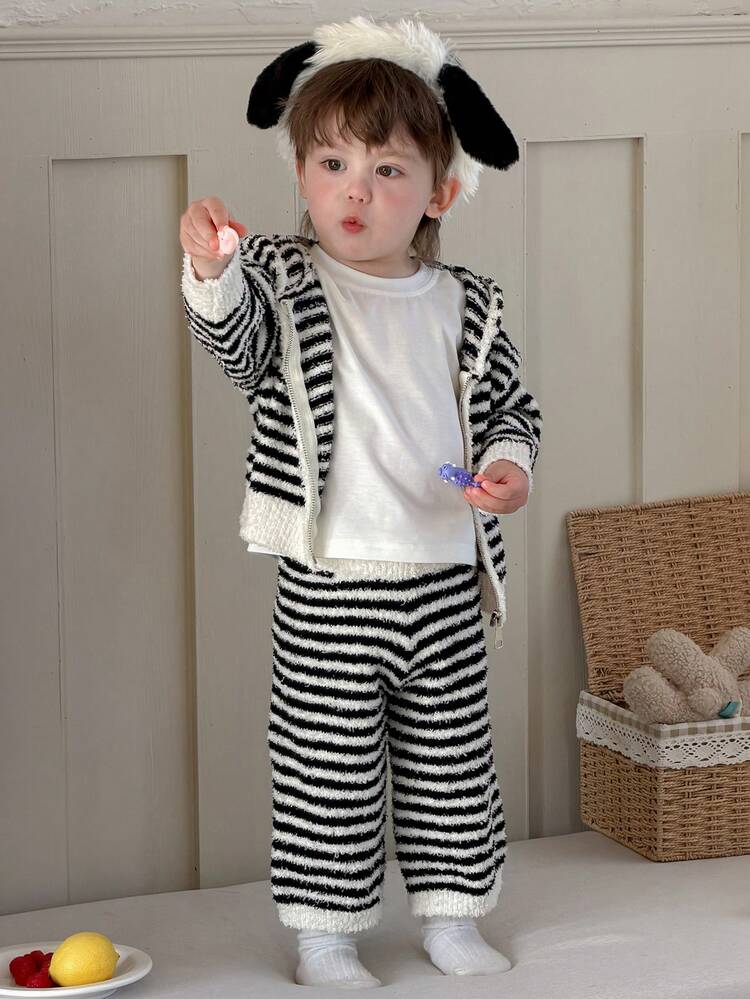 2pcs Toddler Boys' Hooded Striped Casual Top And Pants Set, Korean Style Loungewear
