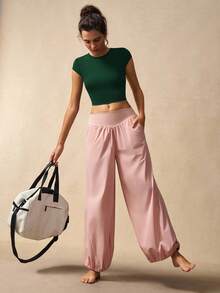 VARSIVA Solid Color Lace-Up Backless Fitted Cropped Sports T-Shirt Yoga Tops Open Back Athletic Top - Green - View 7