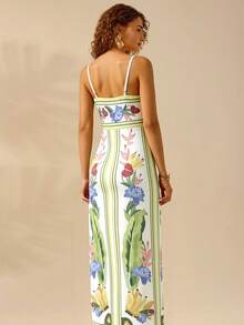 CAJUNI 女士休闲度假花卉和香蕉叶印花吊带背心腰中长连衣裙，适合约会 - 杏色 - 查看 2