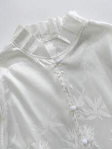 SHEIN Franclia Women's Floral Jacquard Single-Breasted Elegant Flare Sleeve Mandarin Collar Silk Blouse,White Pearl Shirt Filipiniana Blouse For Autumn Tea Party - White - View 3
