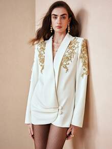 Arave 女士斜纹布深V领宽松长袖不对称设计西装外套，适合日常通勤 - 杏色 - 查看 6