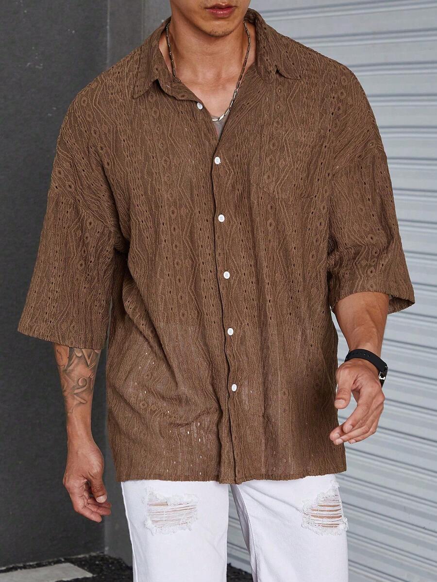 Genlund 宽松男士纯色落肩短袖衬衫,送给丈夫,外出棕色衬衫,假日穿着 - 咖啡棕 - 查看 1