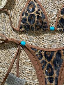 Swim Vcay Swim SXY-D 2件套亮片动物纹印花三角罩杯文胸和侧系带泳裤性感比基尼套装，春夏款 - 彩色 - 查看 3