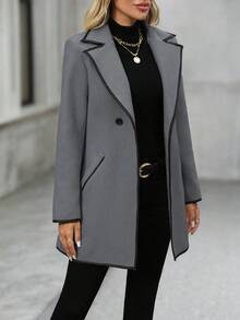 EMERY ROSE 女士休闲翻领双排扣长袖羊毛混纺外套，秋冬款 - 灰色 - 查看 7