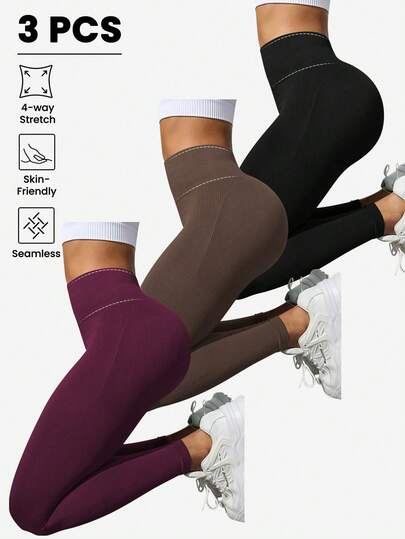 SHEIN Velisys Set de 3 piezas de leggings sin costuras de cintura alta para mujeres para uso diario y entrenamiento