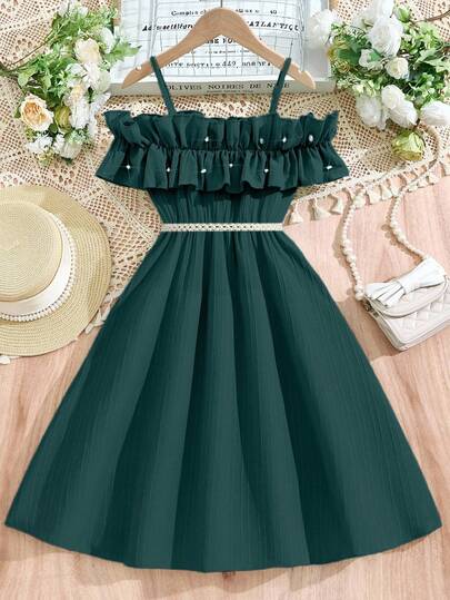 SHEIN Tween Girls' Casual Woven Dress With Ruffled Off Shoulder Adjustable Neckline, Simple Design, Dress Only (Belt Sold Separately For Styling)