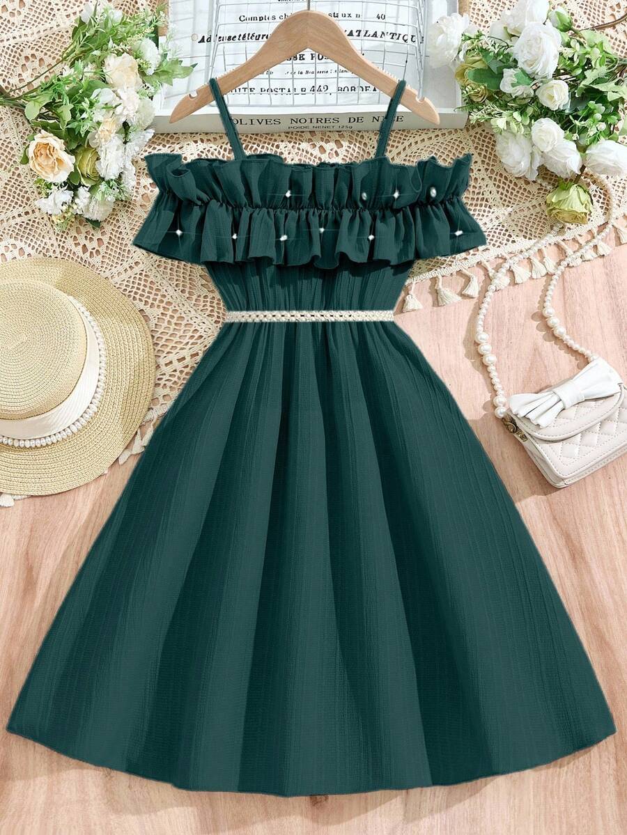 SHEIN Tween Girls' Casual Woven Dress With Ruffled Off Shoulder Adjustable Neckline, Simple Design, Dress Only (Belt Sold Separately For Styling) - Dark Green - View 1