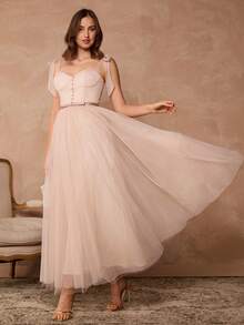 Enchnt Đầm Maxi Maxi Thanh Lịch Thiết Kế Nút Lưới Viền Trơn Màu Trơn Cho Nữ - Rượu sâm banh - Xem 5