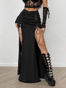 Coolane Women's Fall/Winter All-Season Y2K Goth Chic Rave Outfit Sexy High Slit High Slit Straps Comfortable Black A-Line Skirt - Black - View 5