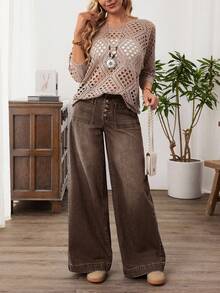 EMERY ROSE Women's Button Front Pocket Wide Leg Loose Casual Jeans