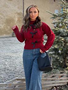 Jeta Ari French Bow Knit Soft & Chunky Sweater For Women, Sweet Long Sleeve Pullover For Winter Knit Pullover Fall Outfit - Burgundy - View 6