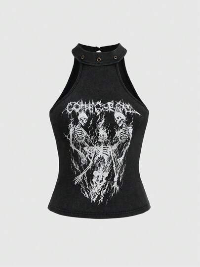 Grunge Punk Top sin mangas ajustado de estilo punk con cuello alto, contraste de color y estampado oscuro de calavera