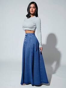 EURMUSE Women's High Waist Button Front Casual Extra Long Denim Midi Skirt - Light Wash - View 4