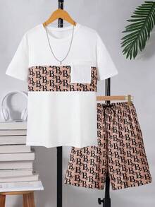2 buc/set adolescent băiat litere imprimare guler rotund mânecă scurtă buzunar tricou și pantaloni scurți ținută casual - Gri - Vizualizare 3