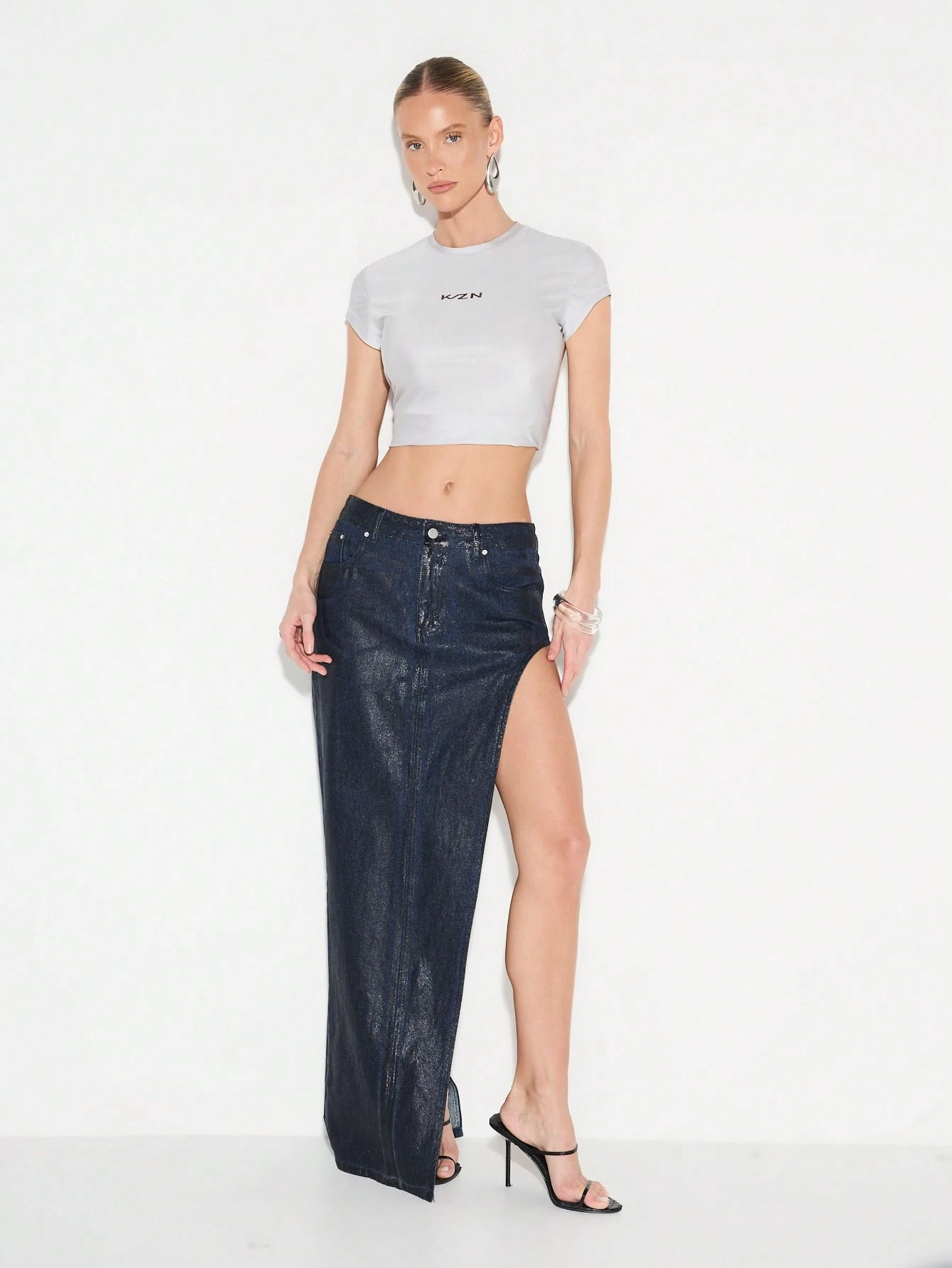 KIZN Coated Denim Maxi Skirt With Side Split