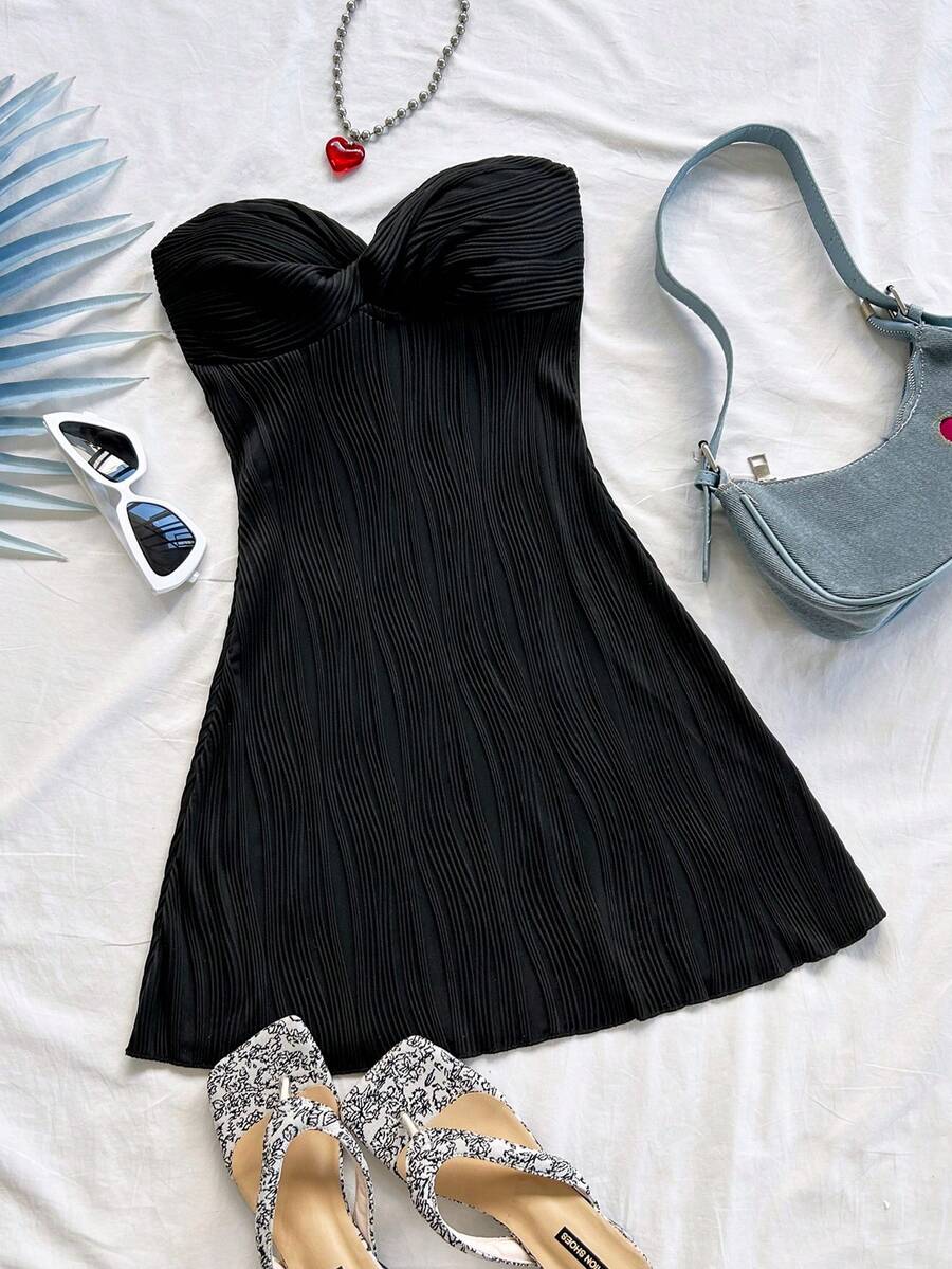Soleia Women's Vacation White Knitted Wavy Textured Fabric Strapless Twist Hollow Out Waist A-Line Hem Wave Ruffle Mini Dress For Party, Date, Afternoon Tea, Beach, Summer Festival Strapless Black Dress Black Dress Summer Cute Black Dress Bustier Dress Black Corset Dress - Black - View 1