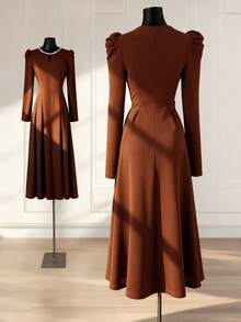 Franclia Coffee Midi Dress With Keyhole Neck And Extra Long Leg-Of-Mutton Sleeves A Line Flared - Coffee - View 2