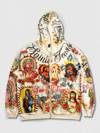 Sudadera con capucha casual de calle con estampado gráfico y cremallera para hombre