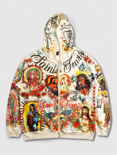 Sudadera con capucha casual de calle con estampado gráfico y cremallera para hombre