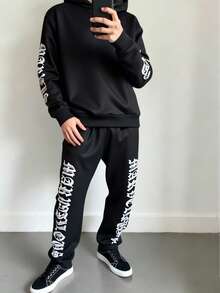 青少年男孩字母印花长袖连帽衫和运动裤休闲套装 - 黑色 - 查看 4