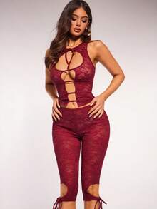 Radiana Women's Sexy Burgundy Lace 2-Piece Set, Lace Camisole + Low-Waist Lace Capri Pants, Sexy Hollow-Out Backless Lace Set, Fitted Lace Set, Capri Pants Set, Suitable For Dates, Gatherings, Parties, Galas, Nightclubs, Holidays, Vacations, Beaches, Holiday Outings - Burgundy - View 4