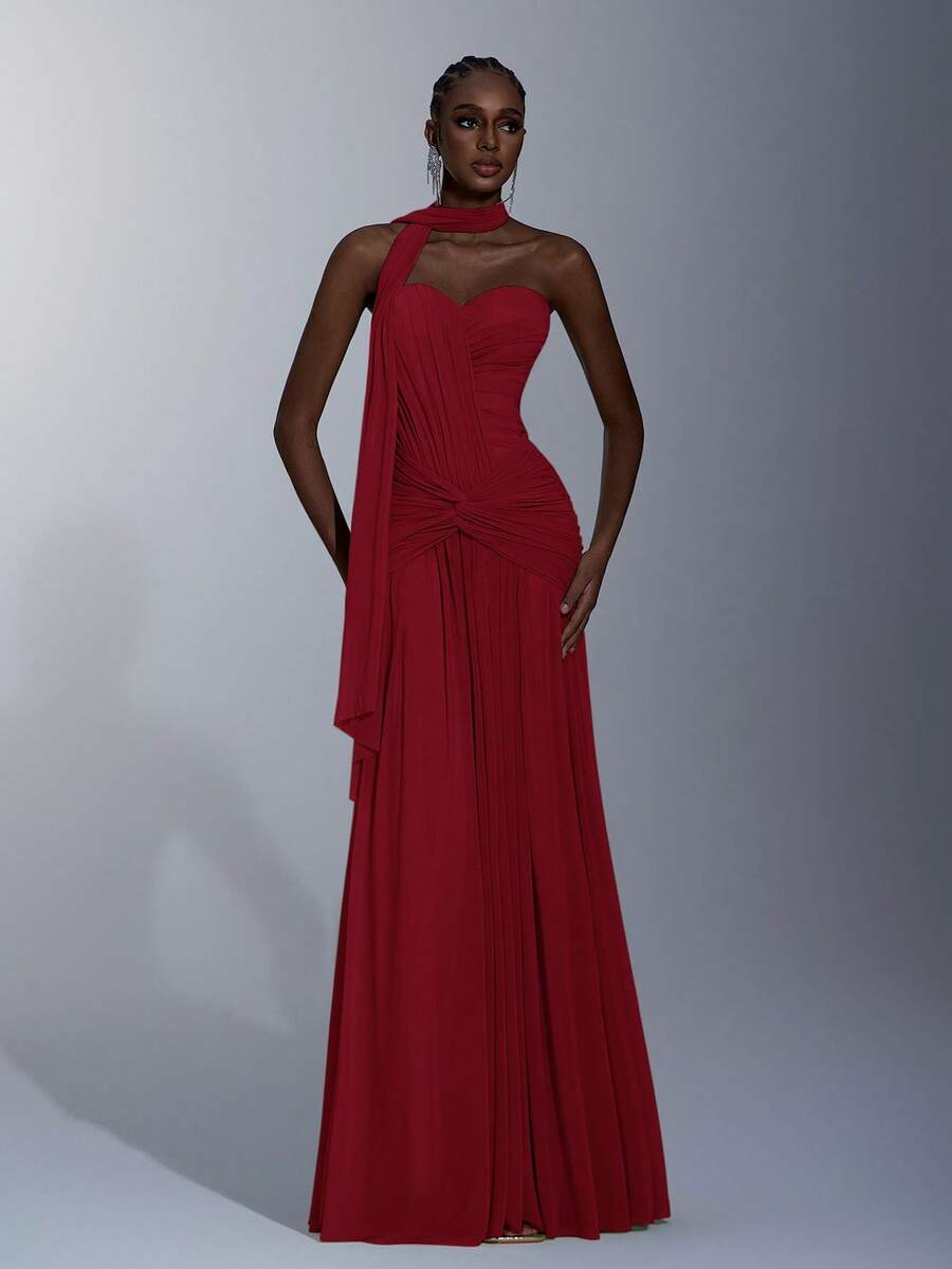 Elitara Elegant Gray-Green High-Stretch Knit Mesh Ruched Bust, Waist Slimming Twist Fishtail Hem Dress (Detachable Halter) Flowing Fishtail Skirt, Suitable For Dates, Vacations, Singles Parties, Weddings, And All Formal Occasions, Formal Evening Gown