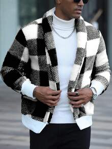 Manfinity CasualCool Plaid Casual Warm Long Sleeve Men's Jacket, Autumn/Winter Mens Knitted Cardigans Men Sweater Jacket Black And White Jacket Men Cardigan Plaid Jacket Men - Multicolor - View 4