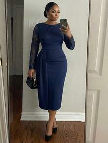 SHEIN Lady CURVE 2025新款秋季優雅Ninang海軍藍長袖大尺碼中長洋裝，女款婚禮晚宴正式派對套裝，冬季立領針織 - 藏蓝色 - 查看 2