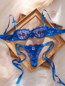 SHEIN 2pcs Women's Burgundy Romantic Embroidery Lace-Up Thong Lingerie Set Lace Bra Set Lace Blue Lingerie Blue Bra And Panty Set Blue Satin Lingerie Royal Blue Lingerie Set