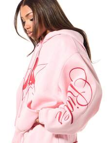SUMWON WOMEN Áo hoodie hồng cỡ lớn in họa tiết ngôi sao, áo nỉ dài tay có dây rút, mặc thường ngày dạo phố - Hồng - Xem 4