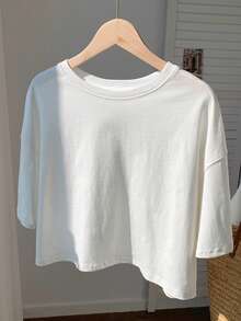 Comfortcana Solid Drop Shoulder Crop Tee - White - View 2