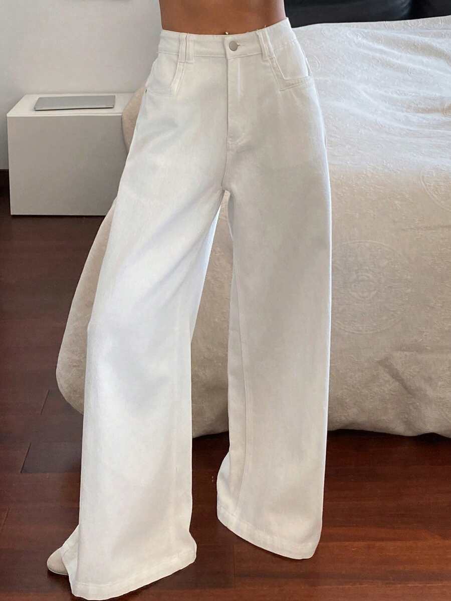 DAZY Quần jeans nữ màu trắng ống đứng dài, kiểu dáng thường ngày, phong cách Y2K - trắng - Xem 1