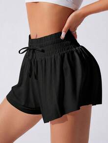 Sovereign Charm 女士纯色抽绳腰带口袋休闲日常运动短裤 - 黑色 - 查看 5