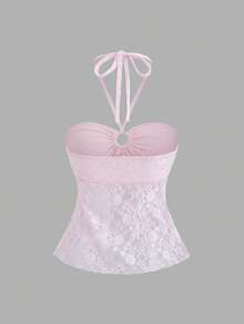 Sweetra Women's Sweet & Spicy Halter Neck Cropped Ruffle Hem Tank Top - Pink - View 2