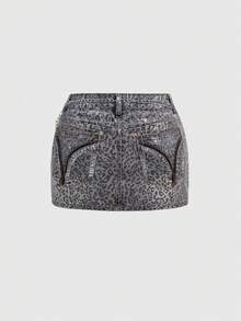 ROMWE Grunge Punk Spring/Summer Carnival Party Casual Y2K Leopard Print Metallic Rhinestone Chain Super Low-Rise Mini Denim Skirt - Light Grey - View 2