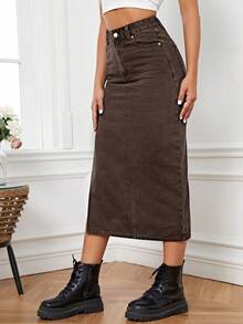SHEIN Essnce 休闲侧开衩牛仔裙 - 咖啡棕 - 查看 4