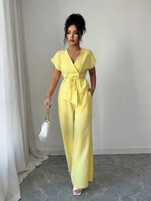 Elenzga 女士时尚休闲V领上衣和裤子两件套，春夏款 - 黃色 - 查看 6