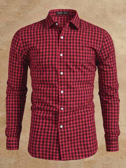 Manfinity NXTstreet Men's Woven Plaid Casual Long Sleeve Shirt Checkered Shirt Men Burgundy Men Shirt Shirts For Men Red Red Checkered Shirt Men Fashion Shirt