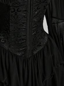 SHEIN ICON 加大码 Y2K 黑色褶皱提花腰带拼接褶皱荷叶边露肩吊带喇叭袖多层荷叶边下摆 A 字雪纺迷你连衣裙，哥特暗黑风格派对装扮 - 黑色 - 查看 9