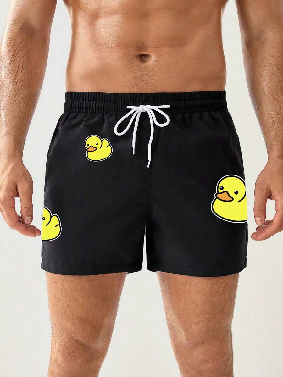 Manfinity VDAYZ 男士卡通鸭子印花抽绳腰沙滩短裤 - 彩色 - 查看 1