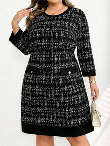 SHEIN CURVE+ 大码女式格子圆领七分袖纽扣设计休闲连衣裙粗花呢连衣裙女式黑色职业连衣裙女式秋季服装女式冬季服装新年连衣裙/2026/新年 - 黑色 - 查看 8