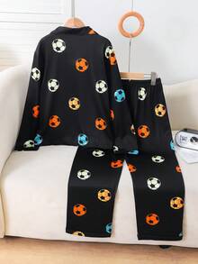Tween Boys Pajamas-2 Pieces Pajama Set Soccer Ball Print Black Pajama Set For Boys Long Sleeve Notch Collar Button Front Long Pants Four Seasons Nightwear Holiday 2026 Must Have Festive Gift Comfortable Cozy Lounge This Product Requires UV Light Exposure To Glow - Black - View 2