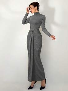 Aloruh Women's Fashionable High Neck Fitted Dress For Commuting - Dark Grey - View 5