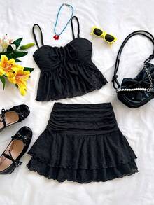 Soleia 2 件套女士度假针织杏色纹理吊带背心，配有抽绳胸围和荷叶边下摆，搭配腰部褶皱和双层荷叶边下摆迷你裙，适合派对、约会、下午茶、返校、毕业典礼 - 黑色 - 查看 7