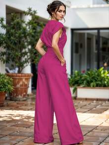 Mono Corte Recto Con Manga Capa Mono Cintura Elástica Overol Escote V - Rosa Fucsia - Ver 2