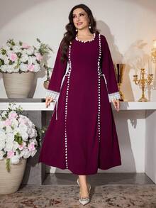 Modelyn Elegant Floral Lace Trim Long Sleeve A-Line Waist Tie Dress, Suitable For Spring, Autumn Daily And Party Occasions, Plus Size - Red Violet - View 4
