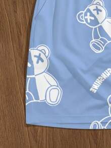 Manfinity Homme 男士卡通熊印花圆领短袖休闲T恤和抽绳腰短裤套装 - 淺藍色 - 查看 7