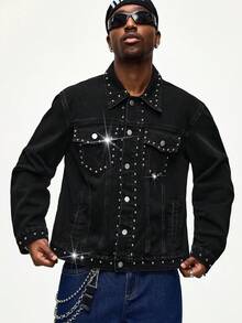 ROMWE MEN Men's Turndown Collar Single-Breasted Rivet Decor Fashion Versatile Denim Jacket - Black - View 5