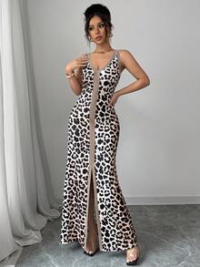 largo con abertura frontal, estampado de leopardo en bloque de color, escote en V bajo y ajustado sin mangas con cuello simétrico para mujeres - Multicolor 3 - Ver 4