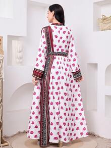 Gaun Fashion Lengan Panjang Kerah Tegak Motif Bunga untuk Remaja Putri - Hitam - View 2